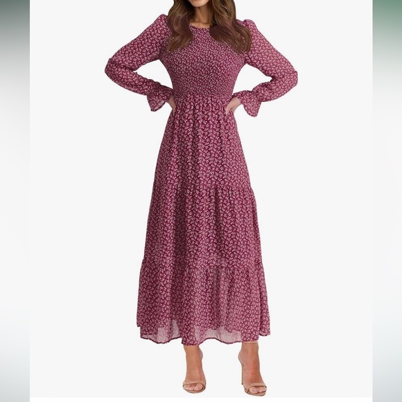 Fashion Dresses & Skirts - Fashion Long Sleeve Crew Neck Floral Flowy Maxi Smocked Bodice Tiered Dress XL